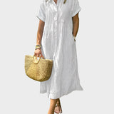 Abito Camicia a Righe con Punte, Bottoni e Tasche Funzionali