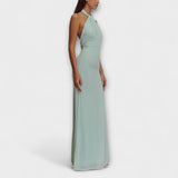 Abito Lungo con Nastro al Collo e Texture Satinata