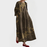 Elegante Abito Maxi in Lino con Pizzo Floreale Ricamato