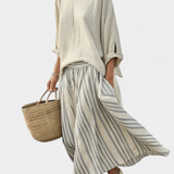 Completo Casual Daisy con Blusa Oversize e Gonna Midi a Righe in Lino di Bamboo per uno Stile Elegante e Confortevole