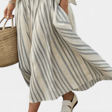 Completo Casual Daisy con Blusa Oversize e Gonna Midi a Righe in Lino di Bamboo per uno Stile Elegante e Confortevole