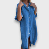 Abito in Lino con Bottoni e Tasche