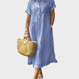 Abito Camicia a Righe con Punte, Bottoni e Tasche Funzionali