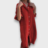 Abito in Lino con Bottoni e Tasche