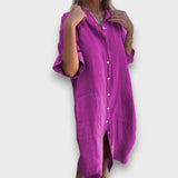 Abito in Lino con Bottoni e Tasche