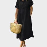 Abito Camicia a Righe con Punte, Bottoni e Tasche Funzionali