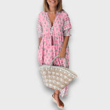 Abito Boho Leggero con Maniche 3/4 e Scollatura con Cordonetti