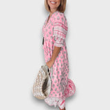 Abito Boho Leggero con Maniche 3/4 e Scollatura con Cordonetti