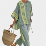 Set in lino di bambù con incantevole lavanda e dettagli a righe gialle