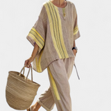 Set in lino di bambù con incantevole lavanda e dettagli a righe gialle