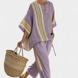 Set in lino di bambù con incantevole lavanda e dettagli a righe gialle