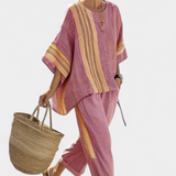 Set in lino di bambù con incantevole lavanda e dettagli a righe gialle