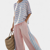 Set di lino in bambù Daisy Mediterraneo in rosa chiaro con eleganti righe azzurre