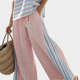 Set di lino in bambù Daisy Mediterraneo in rosa chiaro con eleganti righe azzurre