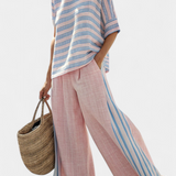 Set di lino in bambù Daisy Mediterraneo in rosa chiaro con eleganti righe azzurre