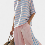 Set di lino in bambù Daisy Mediterraneo in rosa chiaro con eleganti righe azzurre