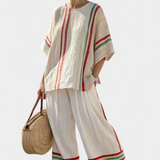 Set Mediterraneo Daisy in lino di bambù con eleganti righe rosse e verdi