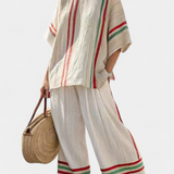 Set Mediterraneo Daisy in lino di bambù con eleganti righe rosse e verdi