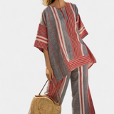 Salopette Oversize Daisy in Lino con Righe Rosse Corallo e Grigio, Stile Moderno e Confortevole