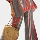 Salopette Oversize Daisy in Lino con Righe Rosse Corallo e Grigio, Stile Moderno e Confortevole