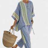 Set in lino di bambù con incantevole lavanda e dettagli a righe gialle