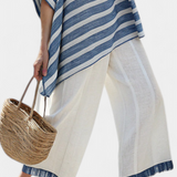 Set Elegante Mediterraneo in Lino con Righe Blu e Pantaloni con Orlo per un Look Fresco e Chic