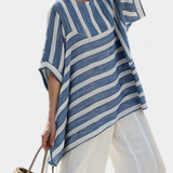 Set Elegante Mediterraneo in Lino con Righe Blu e Pantaloni con Orlo per un Look Fresco e Chic