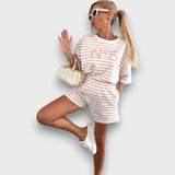 Set Blusa e Pantaloni Corti a Righe con Stampa