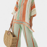 Set Elegante in Lino di Bambù con Righe e Blusa Asimmetrica e Pantaloni Larghi per uno Stile Raffinato