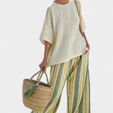 Completo in lino di bambù Daisy Mediterraneo con righe oliva per uno stile rinnovato e elegante