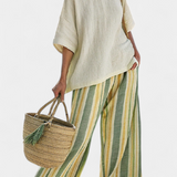 Completo in lino di bambù Daisy Mediterraneo con righe oliva per uno stile rinnovato e elegante