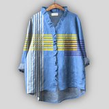 Blusa in Lino Blu con Volant e Dettagli a Righe