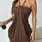 Abito Mini Cioccolato con Allacciatura al Collo
