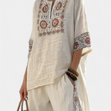 Completo Mediterraneo Daisy in lino di bambù con eleganti righe rosse e verdi