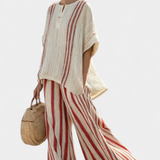 Incredibile Completo Due Pezzi Daisy con Strisce Rosse in Tessuto Naturale