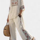 Completo Mediterraneo Daisy in lino di bambù con eleganti righe rosse e verdi